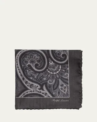 Ralph Lauren Purple Label Mens Silk Herringbone Paisley Logo Pocket Square
