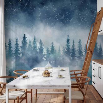 OEM Sfondo Fotografico - Paesaggio Notturno Di Una Foresta Nebbiosa Con Un Cielo Stellato