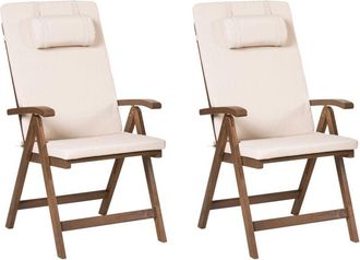 Beliani Set of 2 Rustic Garden Chairs Natural Acacia Wood Adjustable Foldable with Armrests Light Beige Cushions Amantea Premium