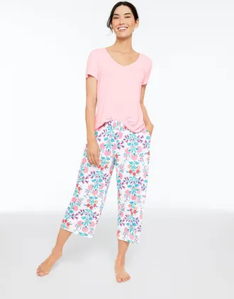 Talbots x Soma Cool Nights Short Sleeve & Crop Pants Pajama Set - Ditsy Vines - Orchid Pink - Medium