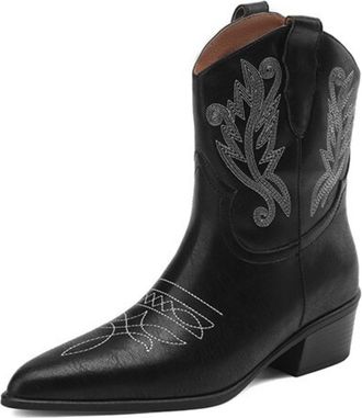 Generic Womens Mid-Calf PU Leather Cowboy Boots Metallic Embroidery Pull Tab Pointed Toe Low Block Heels Slip On Soft Lining Durable Outsole,Black,3.5 UK