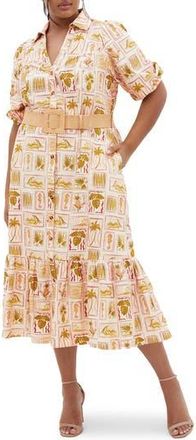 City Chic Anna Print Button-Up Shirtdress in Cool Tropics at Nordstrom Rack, Size Xxl/24W