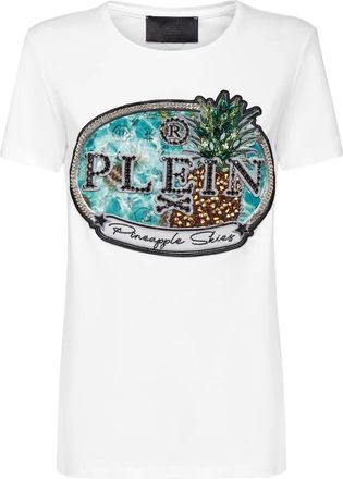 Philipp Plein Tops, Dames, Wit, S, Katoen, T-Shirt Ronde Hals Pineapple Skies