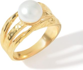 Tiramisu 14K Gold Plated Over 925 Sterling Silver Hammered Gold Split Shank Pearl Ring