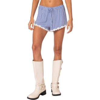 Edikted Patty Stripe Lace Trim Shorts in Blue-And-White at Nordstrom, Size Medium