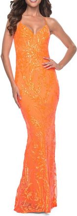 La Femme Neon Fitted Print Sequin Pastel Prom Dress in Orange at Nordstrom, Size 12
