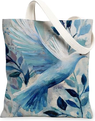 Generic Blue Bird Canvas Tote Bags, Floral Reusable Shopping Bags, Spring Lightweight Washable Shoulder Strap Canvas for Outdoor Tr, Blue, 13x15 Inch