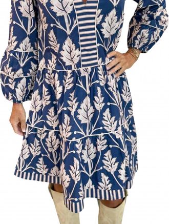 La Plage Alison Long Sleeve Dress In Navy Leaves