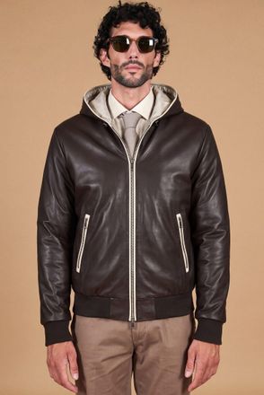 D'Arienzo Giubbotto bomber in pelle testa di moro con cappuccio DArienzo, Seleziona Taglia 48, Colore Testa di moro