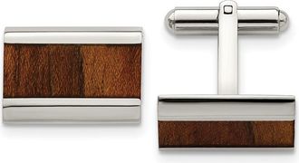 Diamond2Deal Stainless Steel Polished Koa Wood Inlay Rectangle Cufflinks