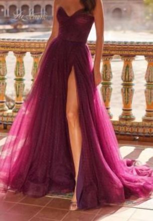 La Femme Tulle A-Line Gown In Dark Berry