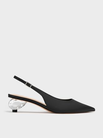 Charles & Keith Satin Pointed-Toe Crystal-Heel Slingback Pumps