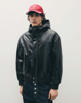 Bershka giacca effetto pelle con cappuccio nera-Nero