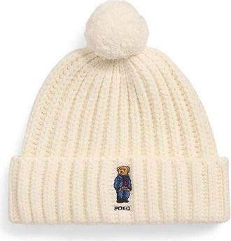 Polo Ralph Lauren Beanie met berenborduring - Dames - Hoeden - Beige - ONE Size - Wol - Accessoires