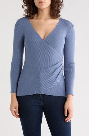 Max Studio Three-Quarter Sleeve Faux Wrap Sweater in Chambray at Nordstrom Rack, Size X-Small