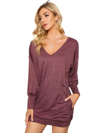Zanzea Women Casual Loose Long Sleeve Jumpers Tops Baggy V Neck Pullover Blouse Tunic Sweatshirt Mini Dress Plain Solid Wine Red M