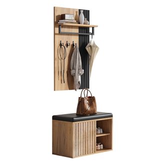STILVORA Mueble De Entrada, Banco Zapatero Con 2 Puertas, Panel Trasero Con 3 Ganchos, Estilo Moderno, En Tablero De Part&iacute;culas, Negro Y Natural, 70&times;36&times;146 Cm