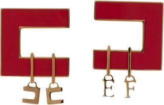 Elisabetta Franchi Maxi Oorstekers met Emaille Logo en Hangende Bedels - Dames - Oorbellen - Rood - ONE Size - Accessoires