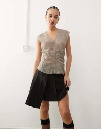Weekday sheer sleeveless blouse top with v neck and corset waist detail in mole-Neutral