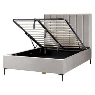 Beliani Beliani - Velvet eu Double Size Bed Frame 4ft6 Light Grey Ottoman Storage Sezanne