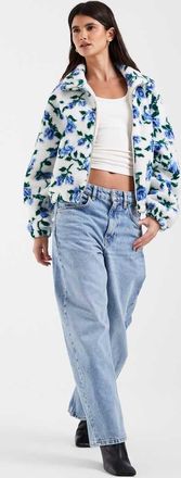 Only giacca in pile borg blu con stampa floreale