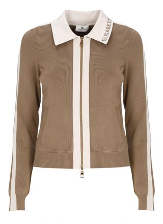 Elisabetta Franchi Brown Zip Front Logo Viscose Sweater