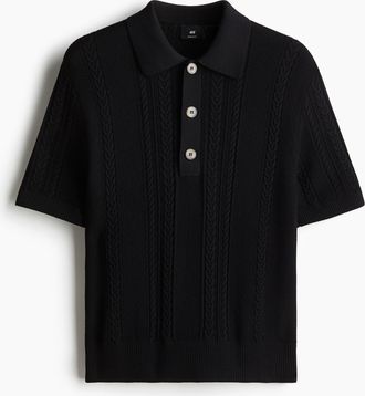 H&M Poloshirt aus Zopfstrick in Regular Fit - Schwarz