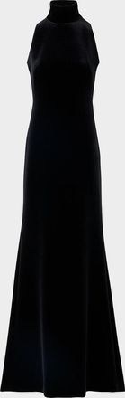 Akris Mock-Neck Fringe Knot Sleeveless Velvet Trumpet Gown