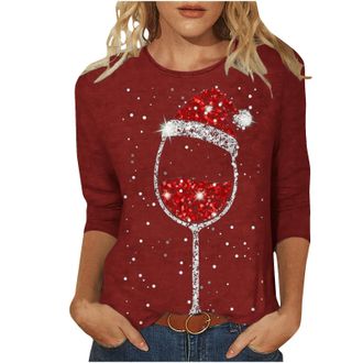 Generic Womens Christmas Tops Wine Glass Print Crew Neck T Shirts 3/4 Sleeve Christmas Blouse Plus Size Holiday Casual Party Stylish Funny Ladies Xmas Jumper