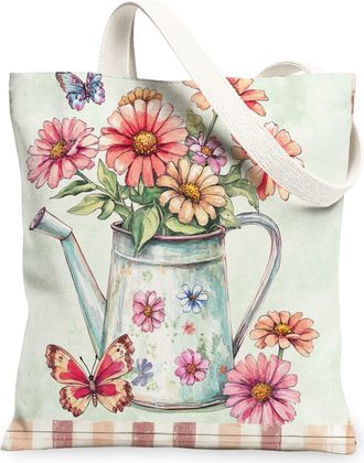 Generic Spring Zinnia Flower Canvas Tote Bag for Shopping 13x15, Farmhouse Country Floral Reusable Grocery Print Pattern Bag for Women, Fun Farm Beach Aesthet