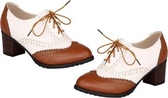 SOLUSTRE WomenS All-Season Chunky Heel Brogue Shoes, Brown Lacing Single Pumps for Work and Casual Wear, Size 36