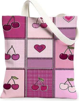 Generic Cherries Pattern Canvas Tote Bags, Adorable Fruit Design Reusable Grocery Bags, Summer Lightweight Washable Shoulder Strap, Peach, 13x15 Inch
