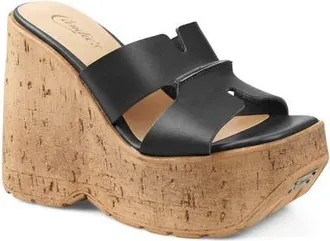 Candie's Marabelle Platform Wedge Slide Sandal in Black Leather at Nordstrom, Size 11