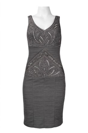 Sue Wong V-Cut Neck Ribbon Ruched Cocktail Dress In Charcoal