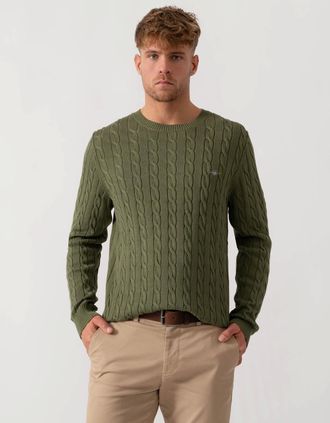 GANT Mens GANT Mens Cotton Cable Knit Crew Neck Jumper - 379 Dry Herb Green - Size: 40