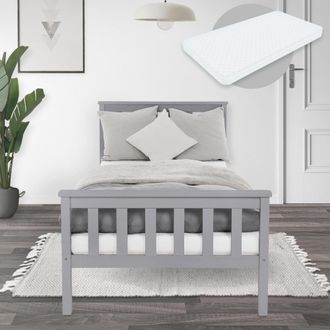 ML Design Ml-design - Estructura De Cama De Madera Maciza De Pino Gris Claro 90 X 200 Cm Con Colch&oacute;n De Espuma Fr&iacute;a Oeko-tex 100 Somier Armaz&oacute;n De Listones Cabe