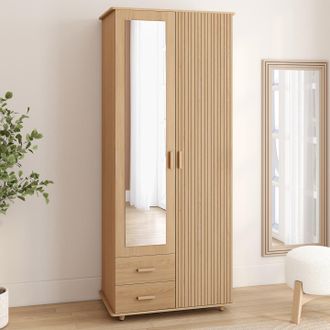 IDMarket Juliette Armario De 2 Puertas Efecto Listones De Madera Armario De 80 Cm Con 2 Cajones, Espejo Y Estantes