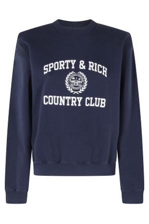 Sporty & Rich Navy Blue Varsity Printed Logo Crew Neck Cotton Sweatshirt