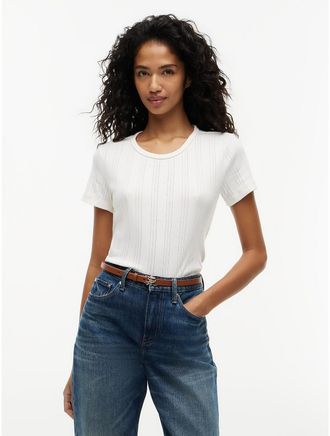 Tommy Hilfiger Womens Slim Fit Pointelle Crewneck T-Shirt - White - XXL