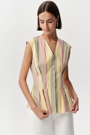Exquise Biana V Neck Sleeveless Pleated Waist Shirt in Multi Color at Nordstrom, Size Large
