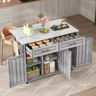 Merax Kitchen Island Trolley with Foldable Tabletop, Storage Cabinet Drawers in Grey