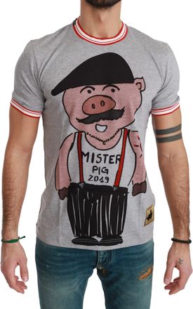 Dolce & Gabbana Mens Mister Pig Graphic Tee Short Sleeves - Grey Cotton - Size EU 44 (Mens)