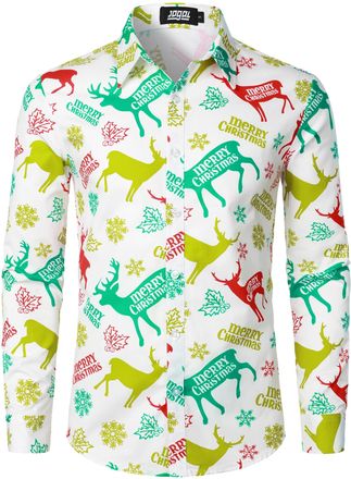 JOGAL Mens Fun Christmas Print Santa Claus Shirts Long Sleeve Button Up Dress Shirts SantaCow 3X-Large White Green