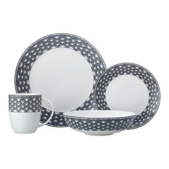 Maxwell & Williams Harlequin Coupe 16 Piece Black Edged Dinner Set Dishwasher Safe Service for 4 in White