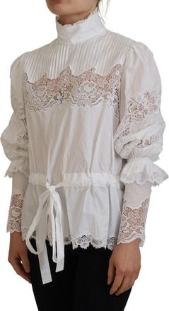 Dolce & Gabbana Womens White Cotton Lace Trim Turtle Neck Blouse Top