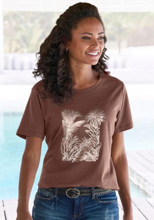 Vivance T-Shirt VIVANCE mit goldfarben schimmerndem Folienprint, Damen, Gr. 32/34, grau (taupe), Jersey, Obermaterial: 100% Baumwolle, bedruckt, metallic, beq