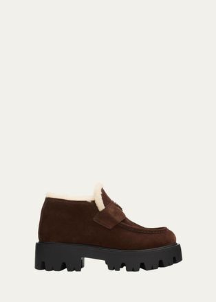 Prada 50mm Triangle Logo Shearling-Lined Suede Loafers