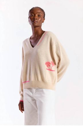 Brodie Palm Pocket V-Neck Lace Sweater In Natural