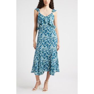 Chelsea28 Floral Print Ruffle Midi Dress in Teal- Blue Tropical Paint at Nordstrom Rack, Size Xx-Small