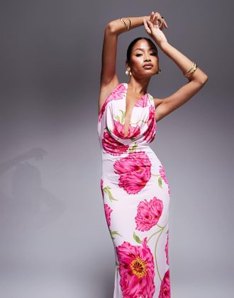 AFRM Vestito lungo con scollo ad anello allacciato al collo in maglia a fiori rosa